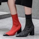 Mesh Fabric Pointed Chunky Heel Ankle Boots