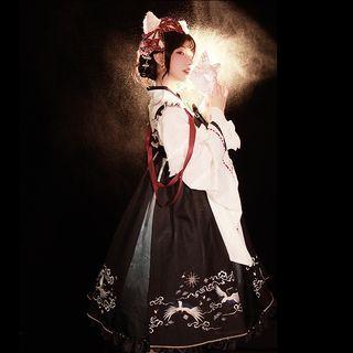 Set: Bell-sleeve Blouse + Crane Embroidered Lolita Overall Dress