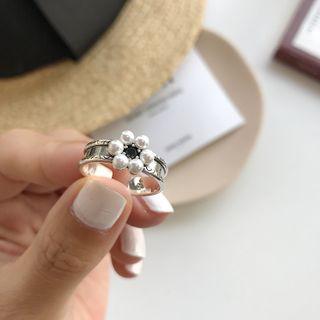 Faux Pearl Sterling Silver Layered Open Ring K713 - Silver - One Size