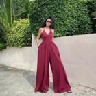 V-neck Plain Wide Leg Jumpsuit