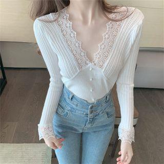 V-neck Lace Trim Knit Top White - One Size