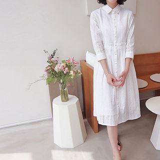 3/4-sleeve Perforated Shirtdress Ivory - One Size