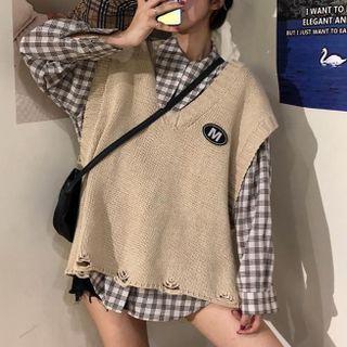 Applique Distressed Sweater Vest / Plaid Shirt / Set