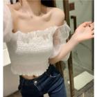 Elbow-sleeve Mesh Paneled Frill Trim Cropped Top