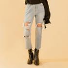 Cutout Distressed Washed Loose-fit Jeans