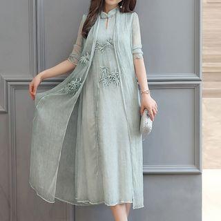 Set: Leaf Embroidered Cheongsam + Sheer Long Coat