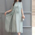 Set: Leaf Embroidered Cheongsam + Sheer Long Coat