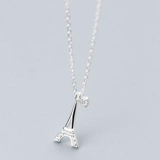 925 Sterling Silver Rhinestone Eiffel Tower Pendant Necklace