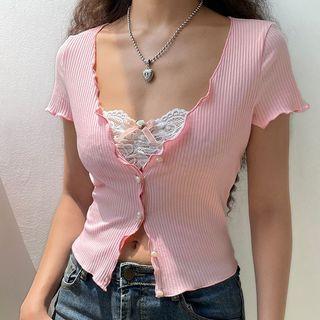 Short Sleeve Mock Two Piece Ruffled-trim Lace-panel Crop Top