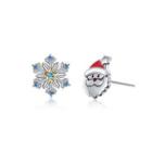 Santa Snowflake Stud Earrings With Blue Austrian Element Crystal Silver - One Size