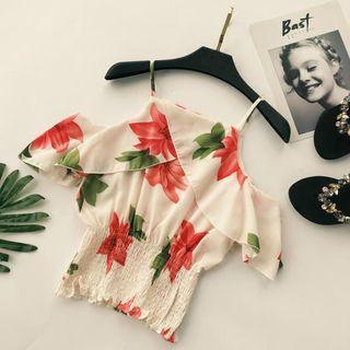 Elbow-sleeve Floral Print Cutout Top