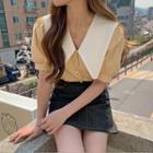 Collared Elbow-sleeve Blouse Yellow - One Size