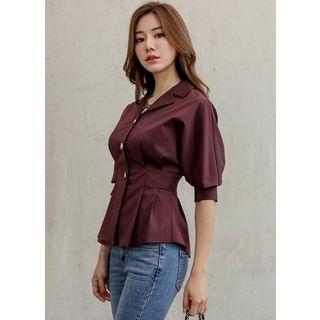 Open-placket Puff-sleeve Peplum Blouse