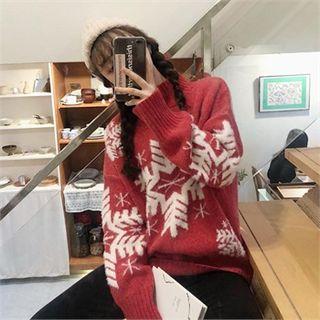 Mock-neck Snowflake Patterned Sweater Red - One Size