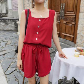 Set: Square-neck Sleeveless Blouse + Drawstring Wide-leg Shorts