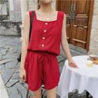 Set: Square-neck Sleeveless Blouse + Drawstring Wide-leg Shorts