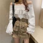 Off Shoulder Lettering T-shirt / Leopard Print Skirt