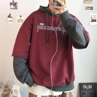Panel Sleeve Lettering Embroidered Hooded Sweatshirt