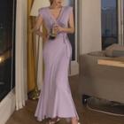 V-neck Padded-shoulder Ribbon Maxi Mermaid Dress