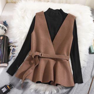 V-neck Belted Vest / Mock Turtleneck Knit Top