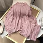 Mock-turtleneck Long-sleeve Lace Top Pink - One Size