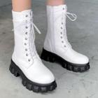 Faux Leather Lace-up Platform Mid-calf Boots