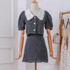 Set: Contrast Collar Short-sleeve Blouse + Mini A-line Skirt