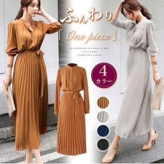 Elbow-sleeve Maxi A-line Accordion Pleat Dress