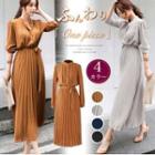 Elbow-sleeve Maxi A-line Accordion Pleat Dress
