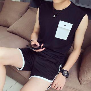 Set: Sleeveless Pocket T-shirt + Piped Sweatshorts