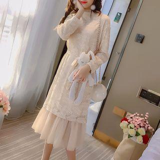 Mock Two-piece Long-sleeve Midi Lace Dress