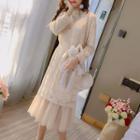 Mock Two-piece Long-sleeve Midi Lace Dress