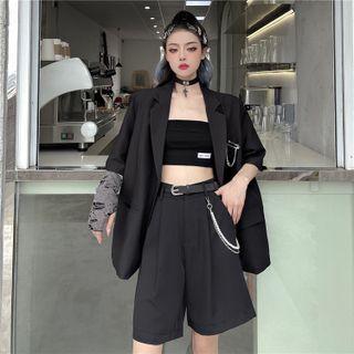 Elbow-sleeve Single-breasted Blazer / Chained Wide Leg Shorts