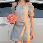 Puff-sleeve Twist-front Mini A-line Dress