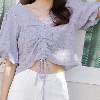 Embroidered Eyelet Short-sleeve Drawstring Cropped Blouse