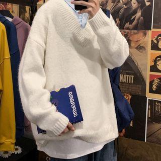 Mock Two-piece V-neck Collared Sweater