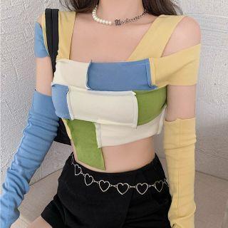 Long-sleeve Cutout Color-block Top As Shown In Figure - One Size