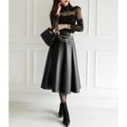 Pleated Faux-leather Flared Skirt
