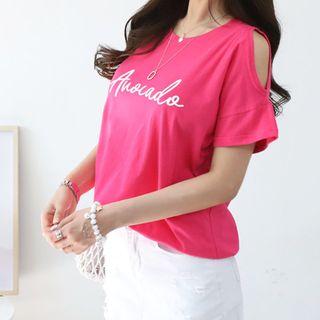Cutout-shoulder Letter Print Top