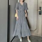 Elbow-sleeve Gingham A-line Midi Dress As Shown In Figure - One Size
