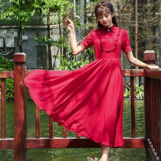 Frill Trim Short-sleeve Chiffon Plain Slim Sheath Dress