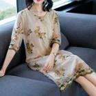Elbow-sleeve Flower Embroidered Midi Dress