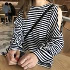 Long-sleeve Shoulder Cut Out Striped T-shirt