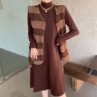 Striped Vest / Crossbody Bag / Long-sleeve Midi A-line Dress / Set