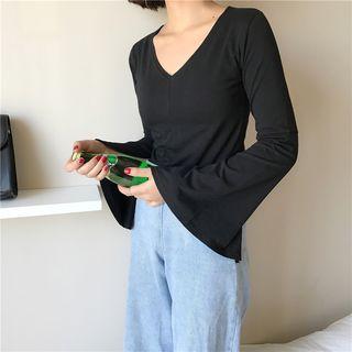 Bell Sleeve V-neck Plain Top