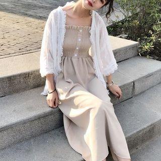 3/4-sleeve Fray Hem Chiffon Jacket / Spaghetti-strap Midi A-line Dress