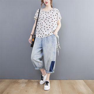 Short-sleeve Dot Print Top / Wide Leg Jeans