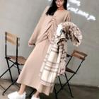 V-neck Drawstring Sweater / Midi A-line Knit Skirt