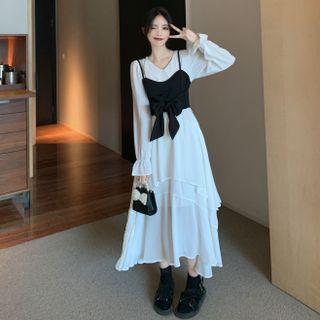 Long-sleeve Tiered Midi A-line Dress / Cropped Camisole Top
