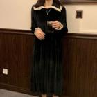 Crochet Trim Long-sleeve Velvet Midi A-line Dress Black - One Size